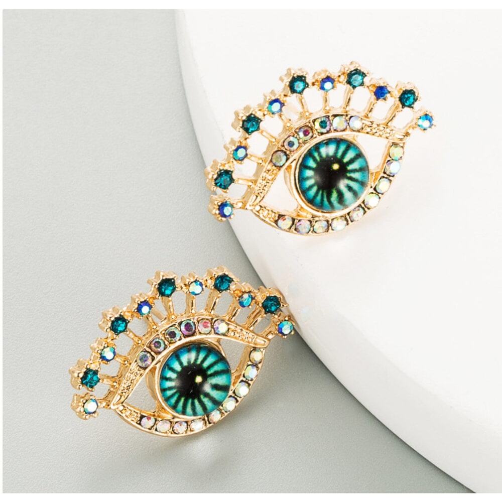 Rhinestone Mr Evil Eye Blue and Gold Stud Style Earring